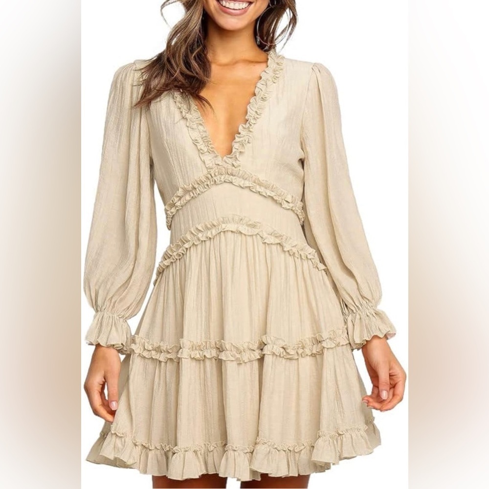 Beige Deep V Neck Ruffle Long Sleeve Floral Print Mini Dress Size XL